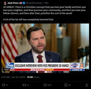 May be an image of 2 people, the Oval Office and text that says 'Jack Poso JD VANCE: There isa Christian concept that you love your family and then you love your neighbor, and then you love your community, and then you love your fellow citizens, and then after that, prioritize the rest of the world Alot of the far left has completely inverted that n EWS EXCLUSIVE INTERVIEW WITH VICE PRESIDENT JD VANCE 0:37 DPT BREAKING NEWS 15.9K Hannitu KAROLINE KAROLINLEAVITT LEAVITT COMING UP'