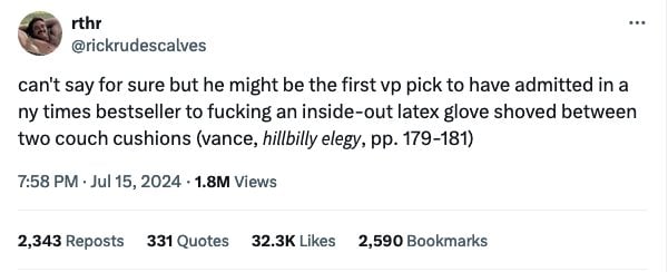 Tweet that started the rumor that JD Vance has sex with banks.